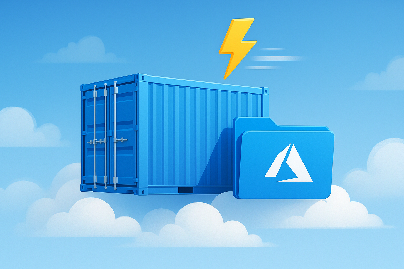 A bright blue shipping container and a blue folder with the Azure logo float among white clouds, with a yellow lightning bolt above, symbolizing fast deployment and scaling of Azure Container Apps using Azure File Share for persistent storage