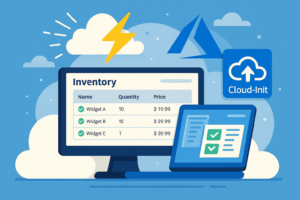 Illustrated scene of a developer launching a Flask inventory app on an Azure VM using Cloud-Init, showing automation flow from VM creation to app startup via systemd and firewall setup.