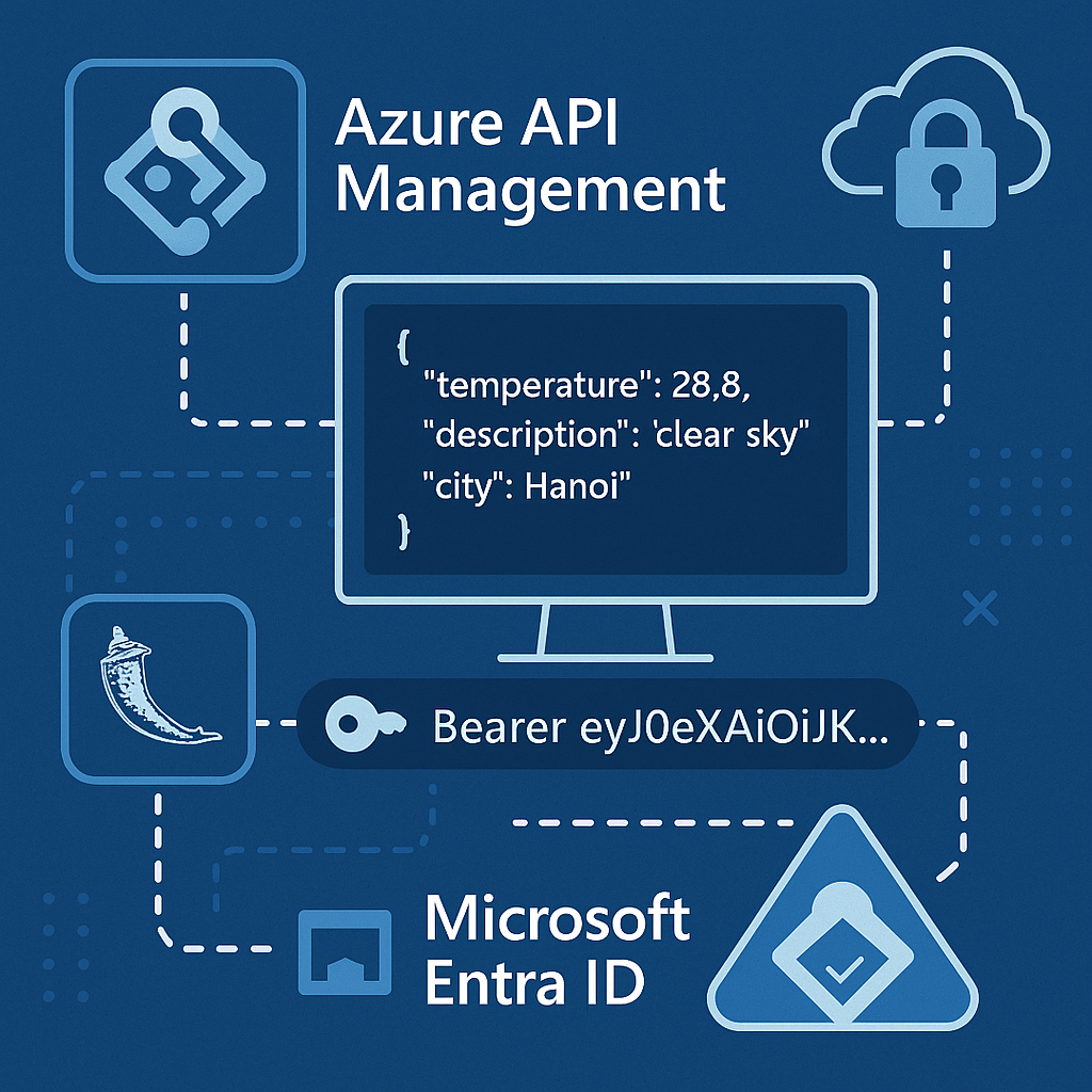 Illustration of Azure API Management and Microsoft Entra ID securing a Flask Weather API in a cloud-native architecture, showing cloud icons, security shields, API gateways, and authentication flows