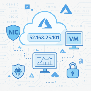 A cloud infrastructure diagram showing Azure IP address 52.168.25.101 connected to NIC, virtual machine (VM), dashboard, and security icons, illustrating automated IP inventory collection and integration with hybrid IPAM systems