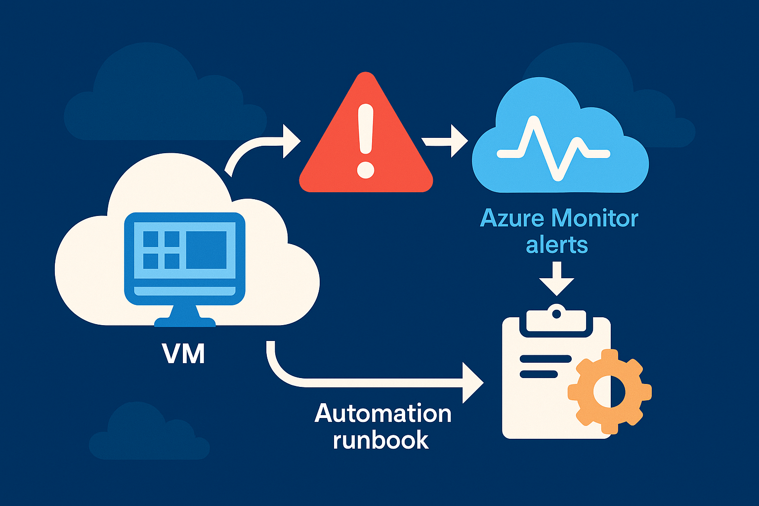 Diagram showing Azure Monitor alert triggering an automation runbook to restart a virtual machine during high CPU usage