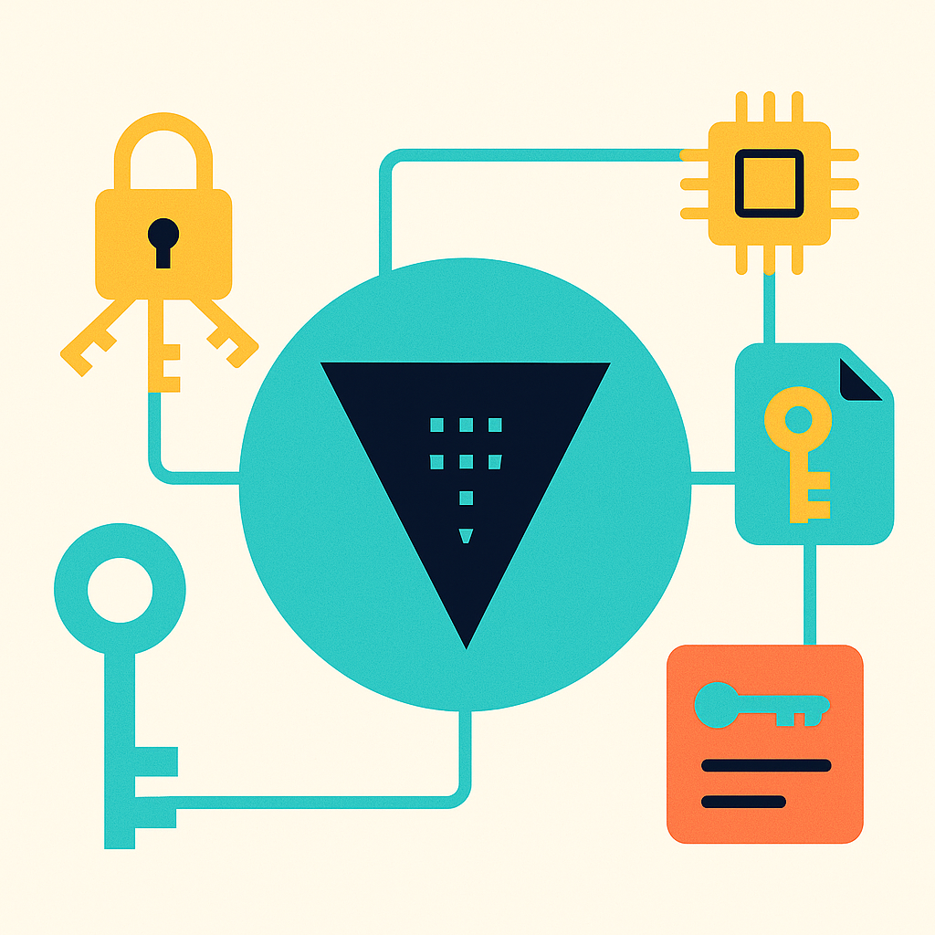 HashiCorp Vault Seal/Unseal process with Shamir key sharding and PGP encryption illustrated in a bright technical design